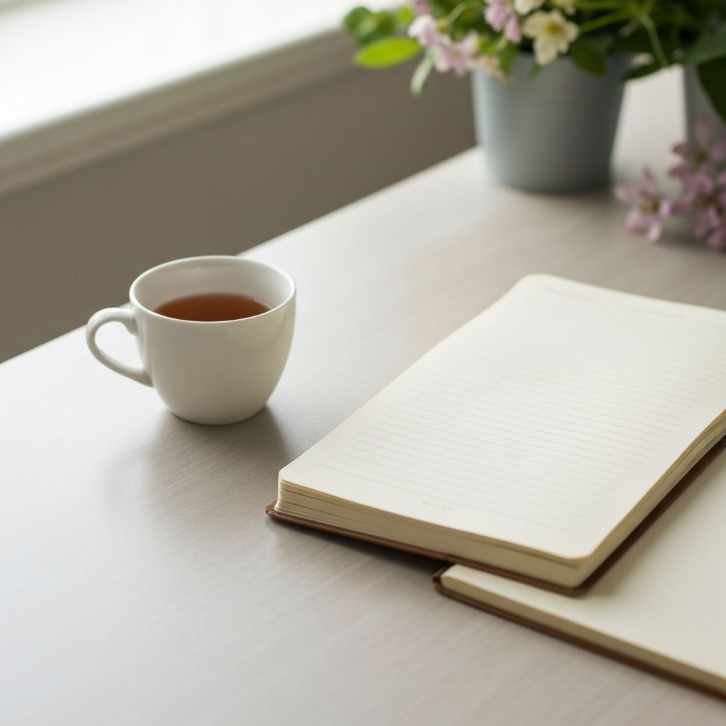 Tea cup and journal in peaceful desk setting